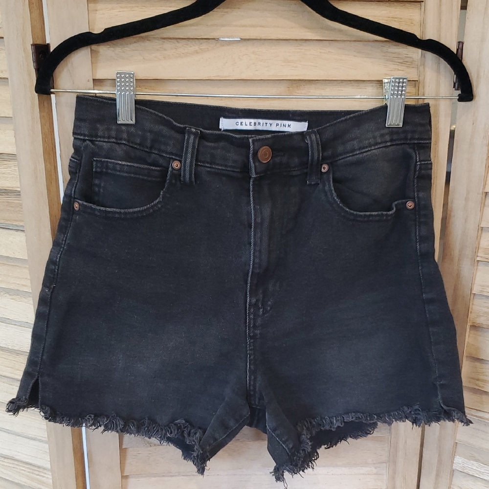 Celebrity Pink Black Faded wash high rise Jean Shorts Frayed Hem Sz 7/28